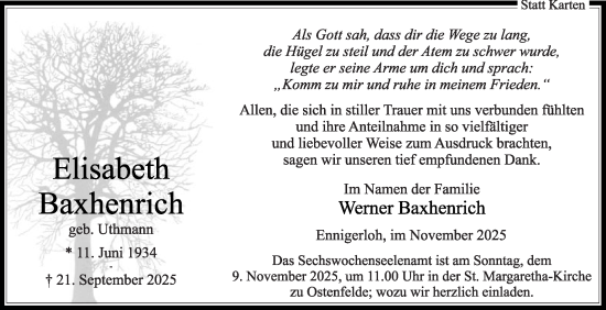 Traueranzeige von Elisabeth Baxhenrich von Die Glocke