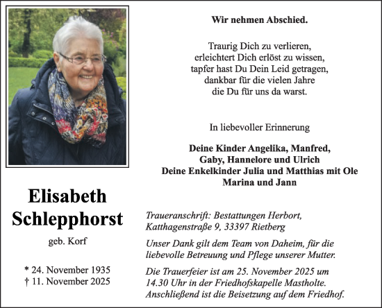 Traueranzeige von Elisabeth Schlepphorst von Die Glocke