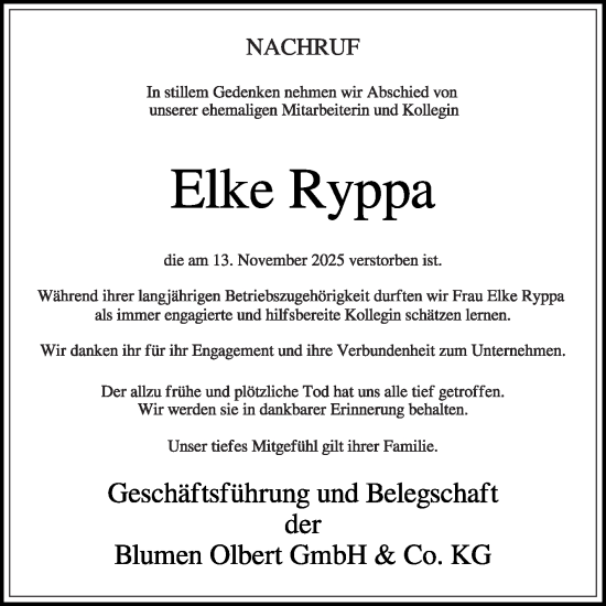 Traueranzeige von Elke Ryppa von Die Glocke