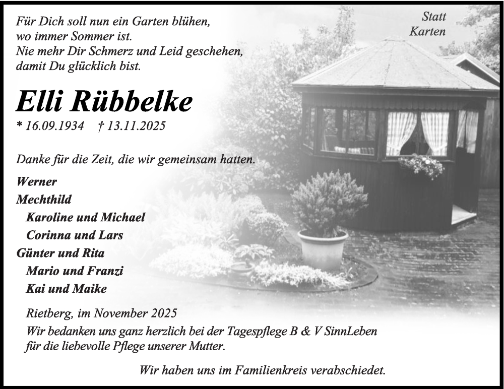  Traueranzeige für Elli Rübbelke vom 22.11.2025 aus Die Glocke