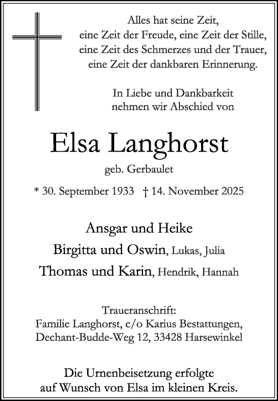 Traueranzeige von Elsa Langhorst von Die Glocke