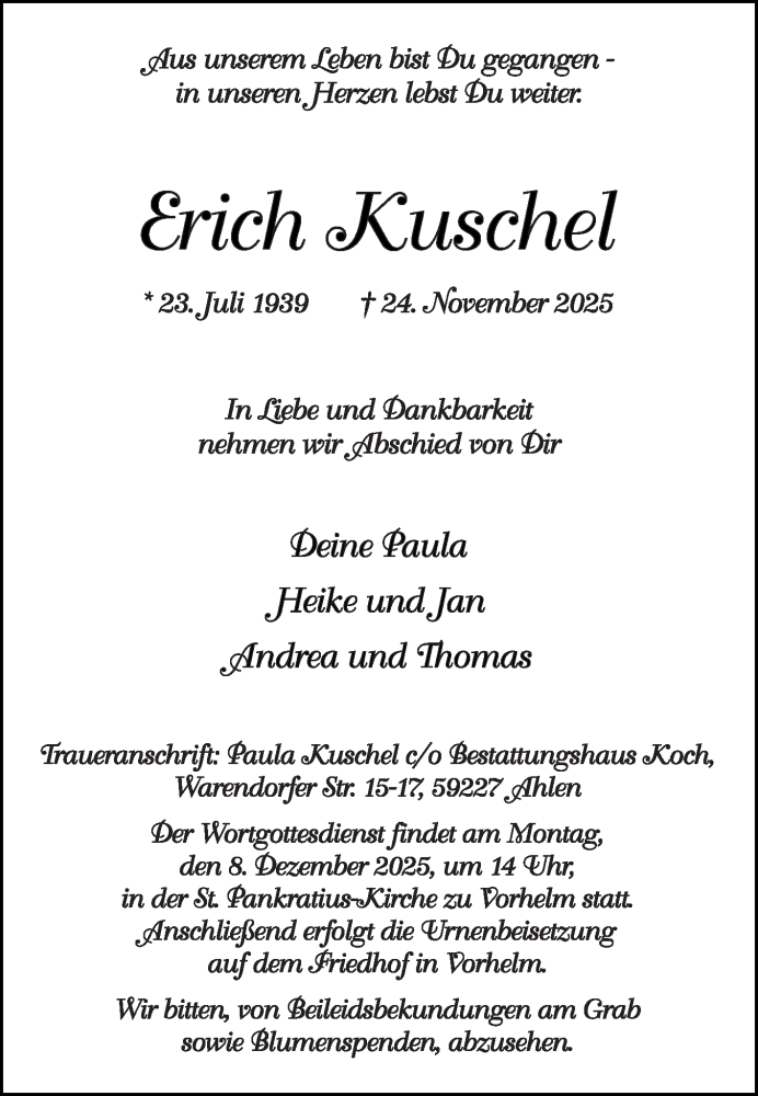  Traueranzeige für Erich Kuschel vom 29.11.2025 aus Die Glocke