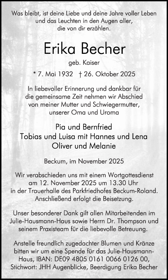 Traueranzeige von Erika Becher von Die Glocke