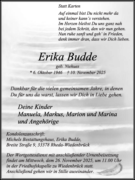 Traueranzeige von Erika Budde von Die Glocke