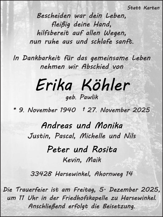 Traueranzeige von Erika Köhler von Die Glocke