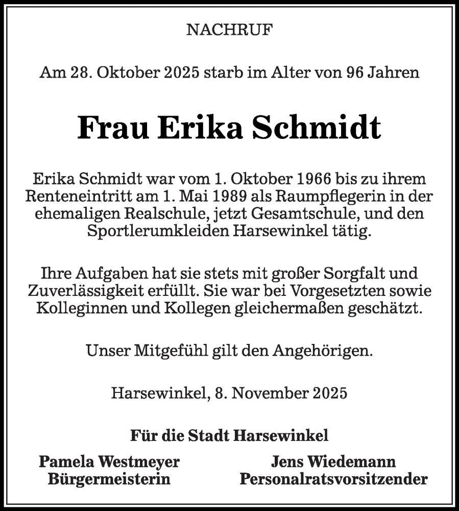  Traueranzeige für Erika Schmidt vom 08.11.2025 aus Die Glocke
