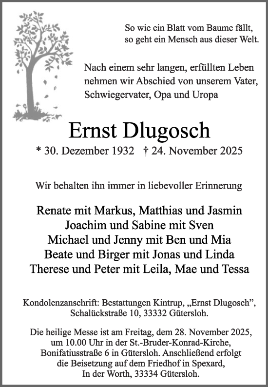 Traueranzeige von Ernst Dlugosch von Die Glocke