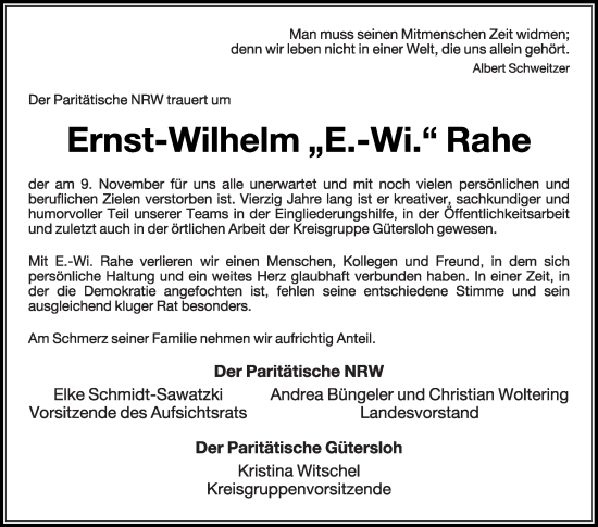 Traueranzeige von Ernst-Wilhelm Rahe von Die Glocke