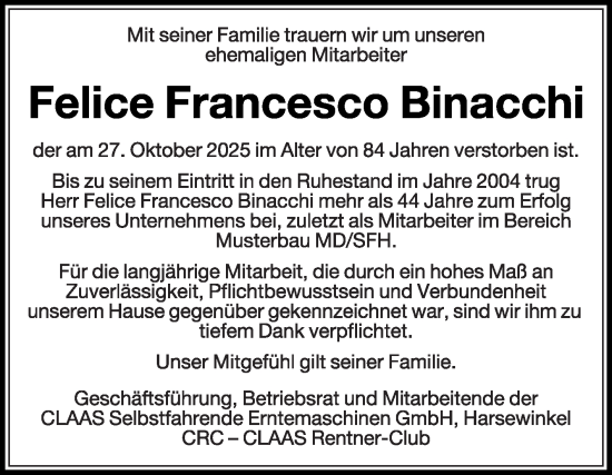 Traueranzeige von Felice Francesco Binacchi von Die Glocke