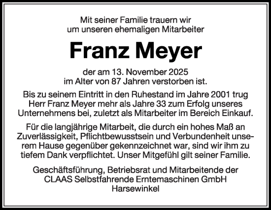 Traueranzeige von Franz Meyer von Die Glocke