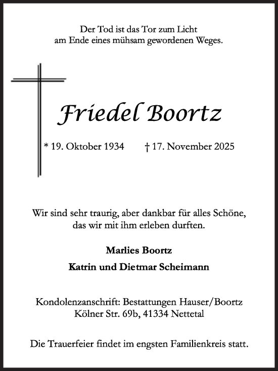 Traueranzeige von Friedel Boortz von Die Glocke