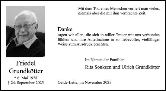 Traueranzeige von Friedel Grundkötter von Die Glocke