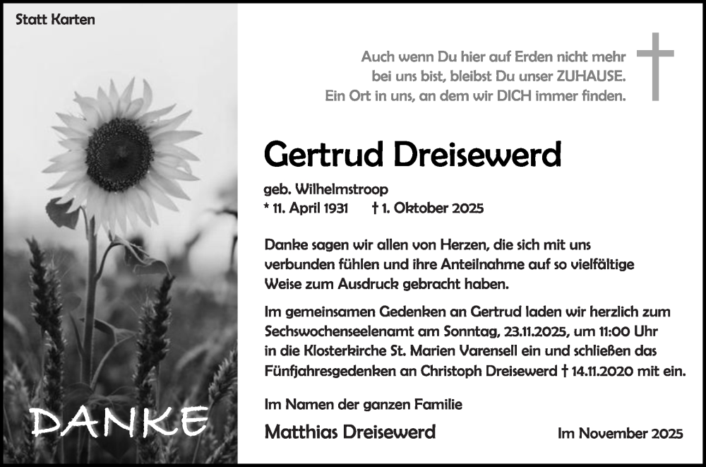  Traueranzeige für Gertrud Dreisewerd vom 15.11.2025 aus Die Glocke