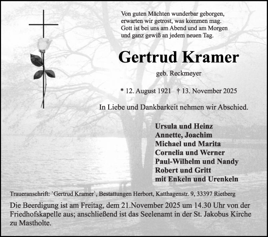 Traueranzeige von Gertrud Kramer von Die Glocke