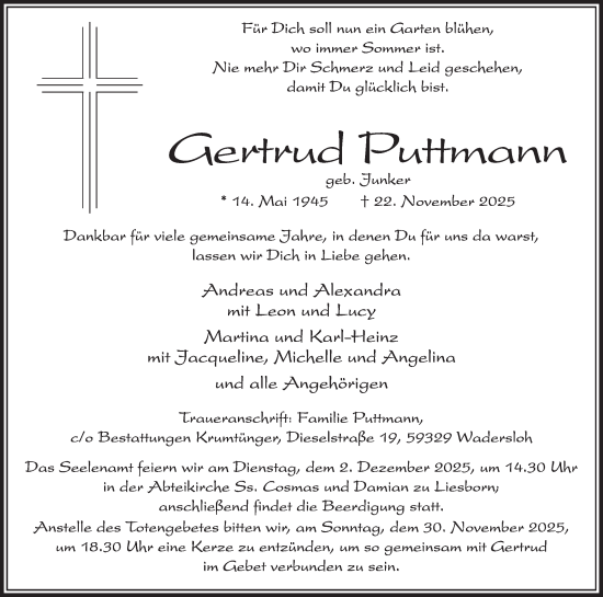Traueranzeige von Gertrud Puttmann von Die Glocke
