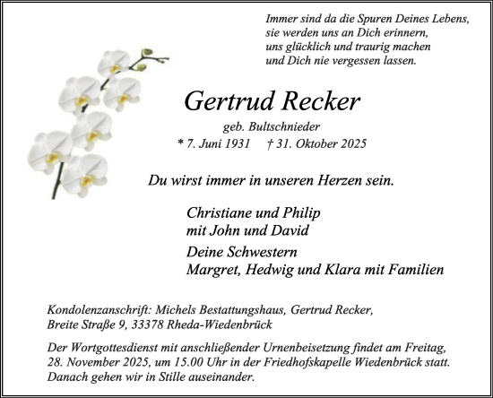 Traueranzeige von Gertrud Recker von Die Glocke