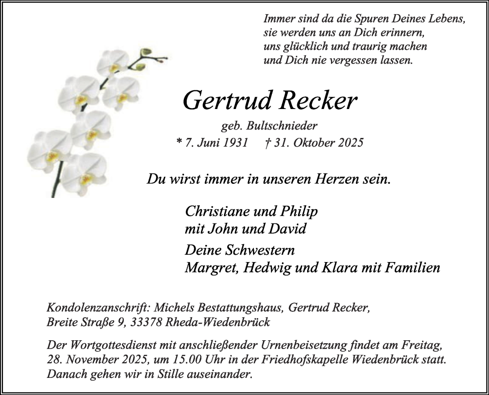  Traueranzeige für Gertrud Recker vom 22.11.2025 aus Die Glocke