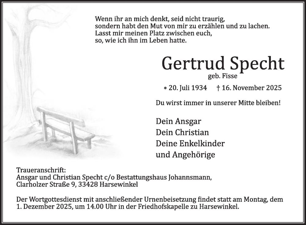  Traueranzeige für Gertrud Specht vom 22.11.2025 aus Die Glocke
