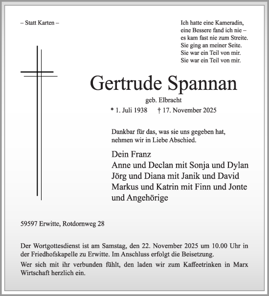 Traueranzeige von Gertrude Spannan von Die Glocke