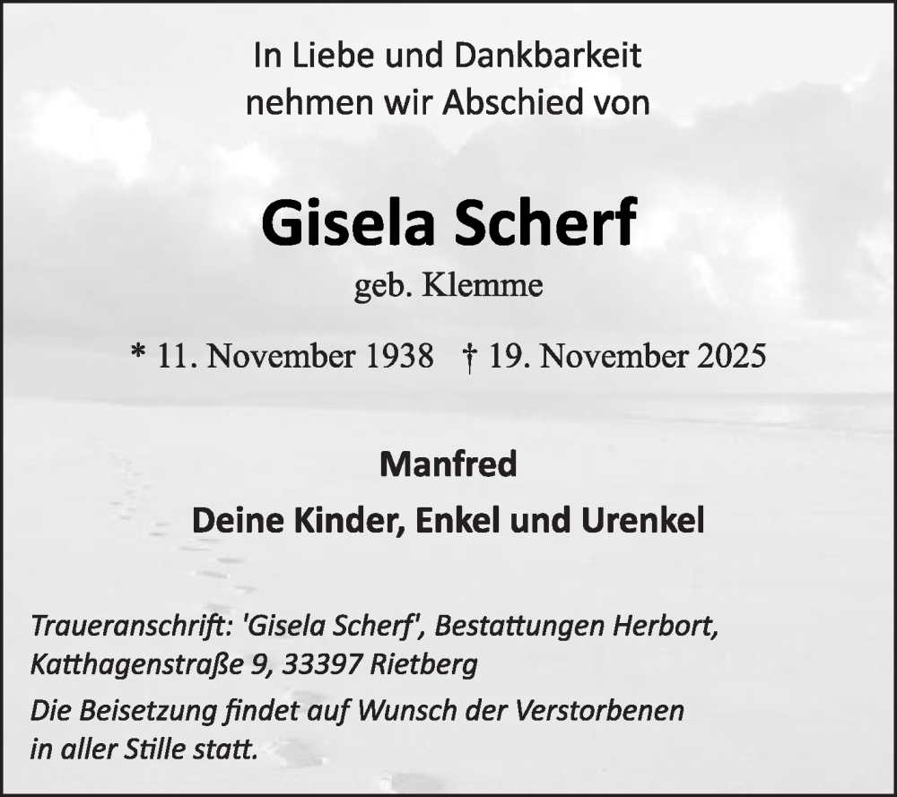  Traueranzeige für Giesla Scherf vom 25.11.2025 aus Die Glocke
