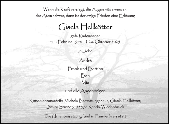 Traueranzeige von Gisela Hellkötter von Die Glocke