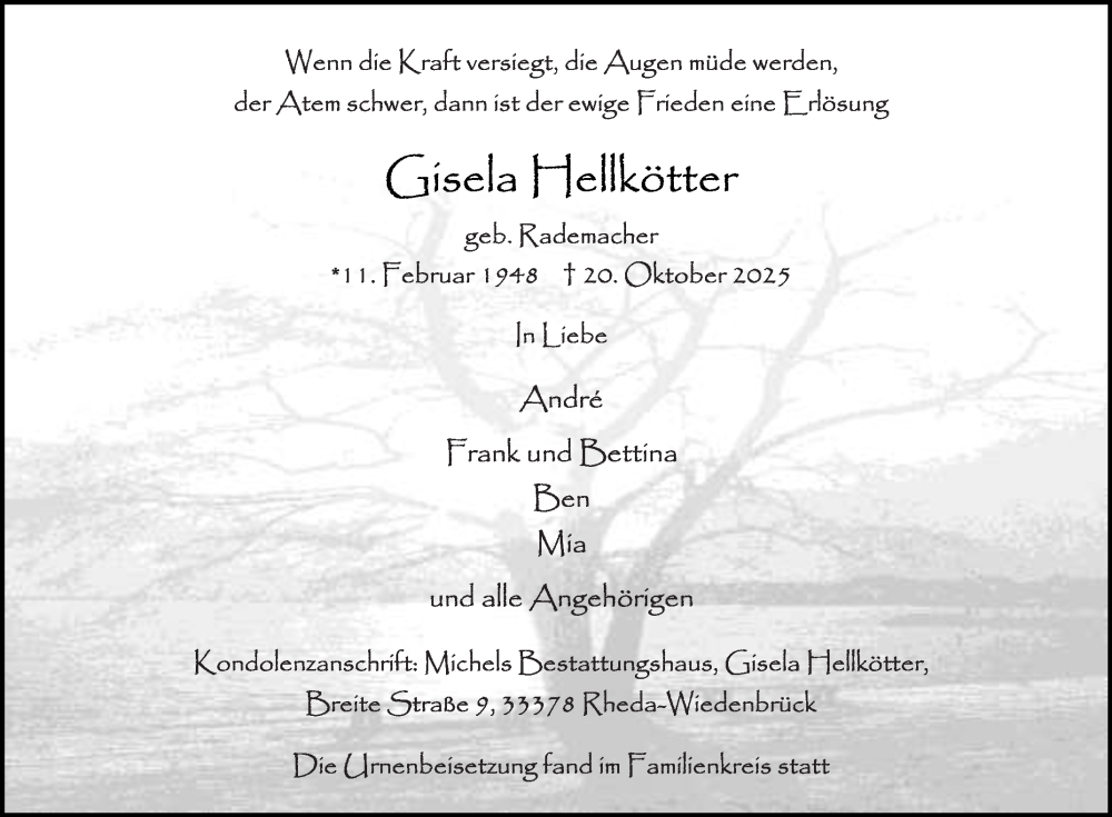  Traueranzeige für Gisela Hellkötter vom 05.11.2025 aus Die Glocke