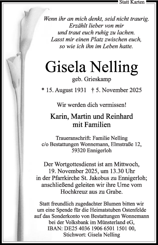 Traueranzeige von Gisela Nelling von Die Glocke