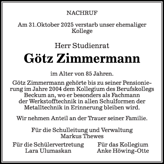 Traueranzeige von Götz Zimmermann von Die Glocke