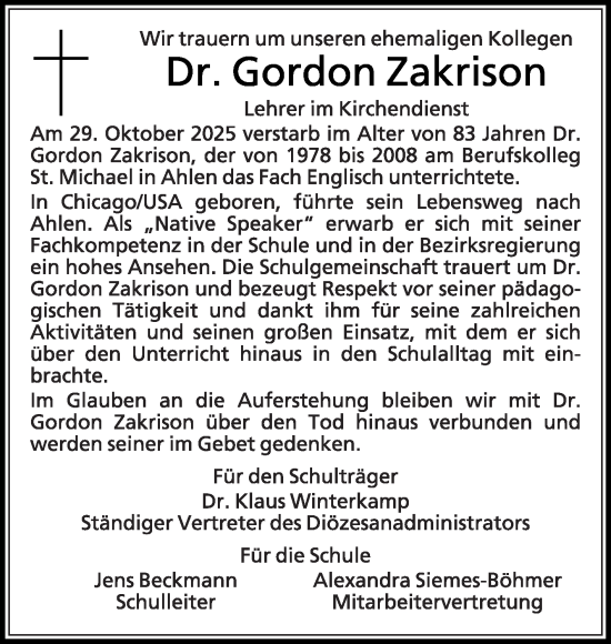 Traueranzeige von Gordon Zakrison von Die Glocke