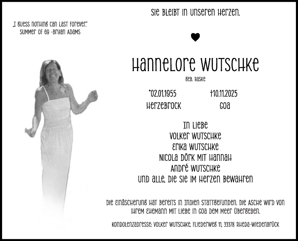  Traueranzeige für Hannelore Wutschke vom 15.11.2025 aus Die Glocke