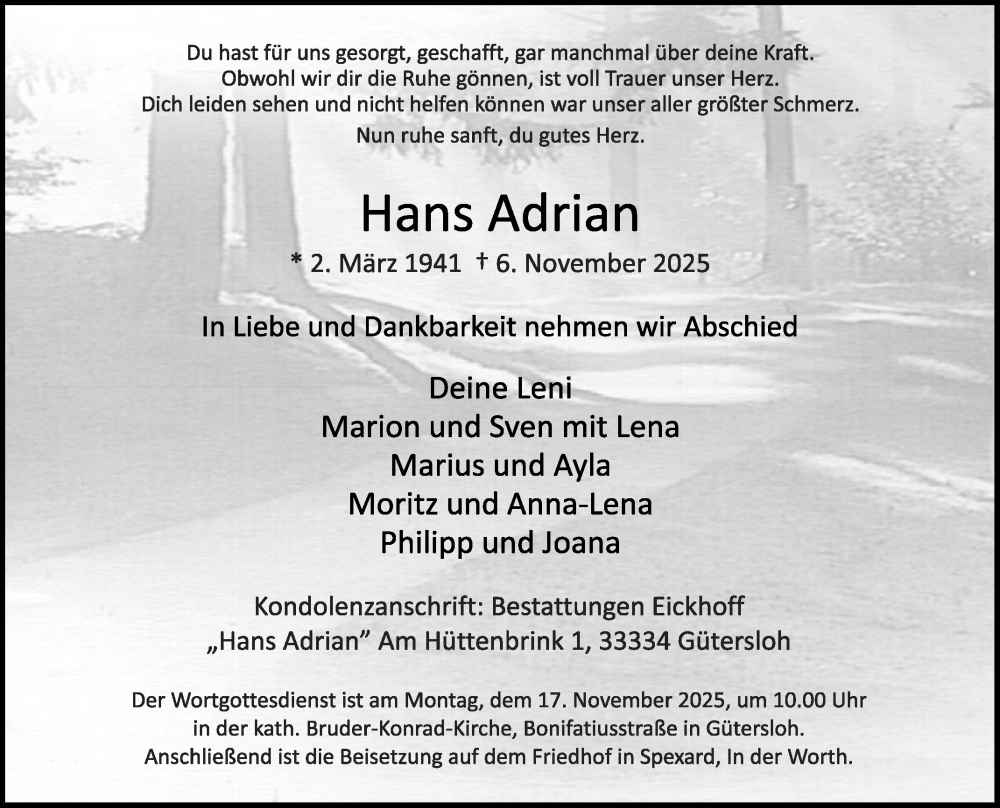  Traueranzeige für Hans Adrian vom 12.11.2025 aus Die Glocke