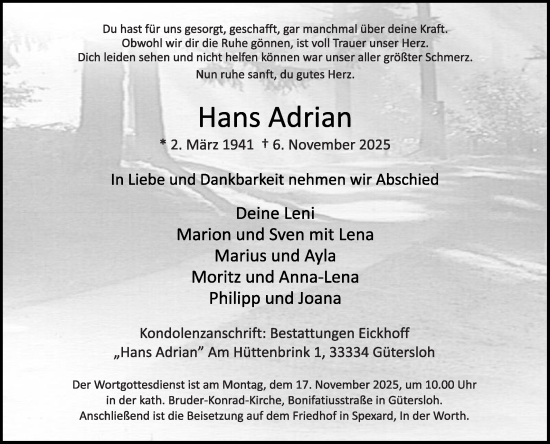 Traueranzeige von Hans Adrian von Die Glocke
