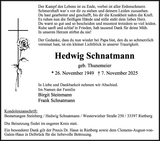 Traueranzeige von Hedwig Schnatmann von Die Glocke