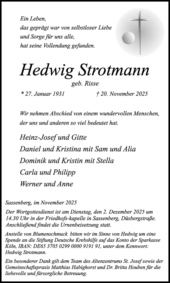 Traueranzeige von Hedwig Strotmann von Die Glocke