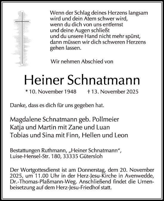 Traueranzeige von Heiner Schnatmann von Die Glocke