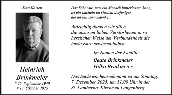 Traueranzeige von Heinrich Brinkmeier von Die Glocke