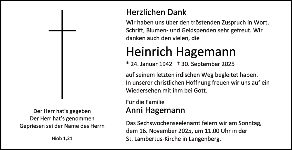  Traueranzeige für Heinrich Hagemann vom 08.11.2025 aus Die Glocke
