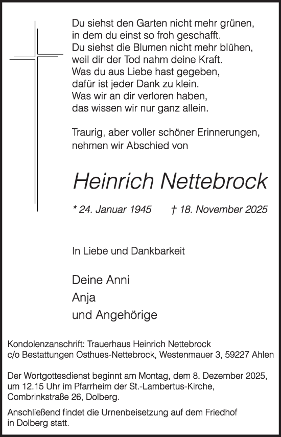 Traueranzeige von Heinrich Nettebrock von Die Glocke