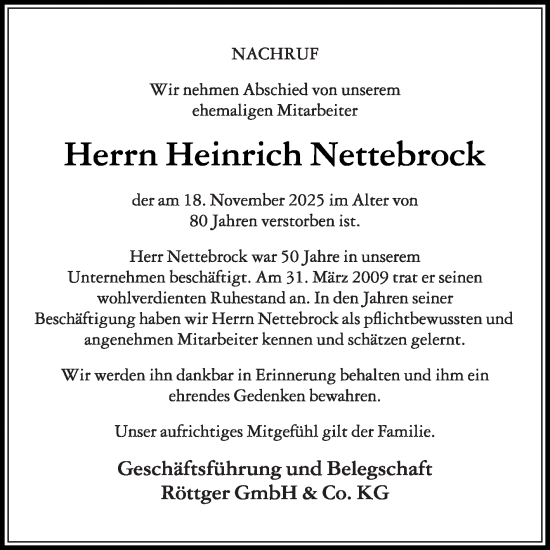 Traueranzeige von Heinrich Nettebrock von Die Glocke