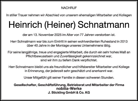 Traueranzeige von Heinrich Schnatmann von Die Glocke