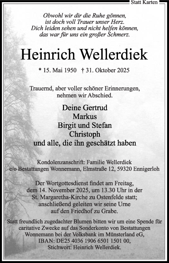 Traueranzeige von Heinrich Wellerdiek von Die Glocke