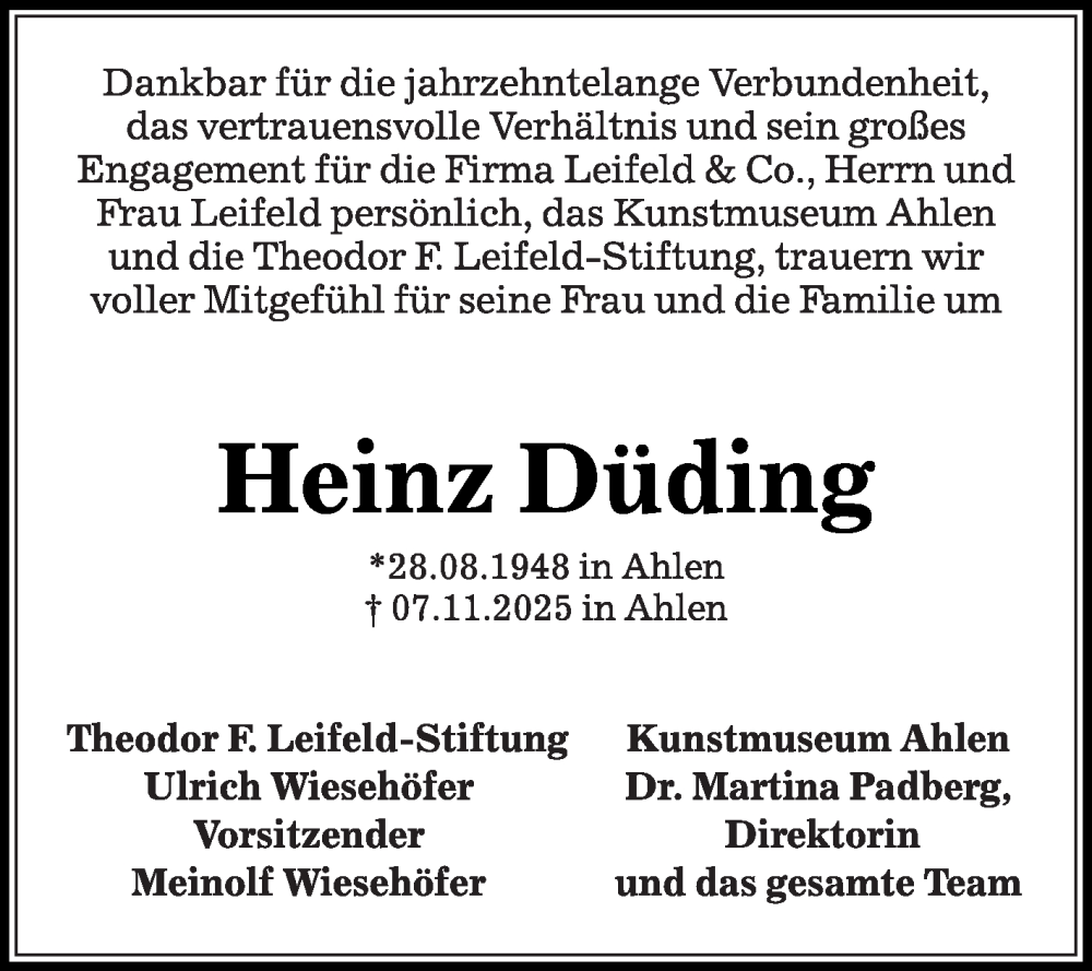  Traueranzeige für Heinz Düding vom 15.11.2025 aus Die Glocke