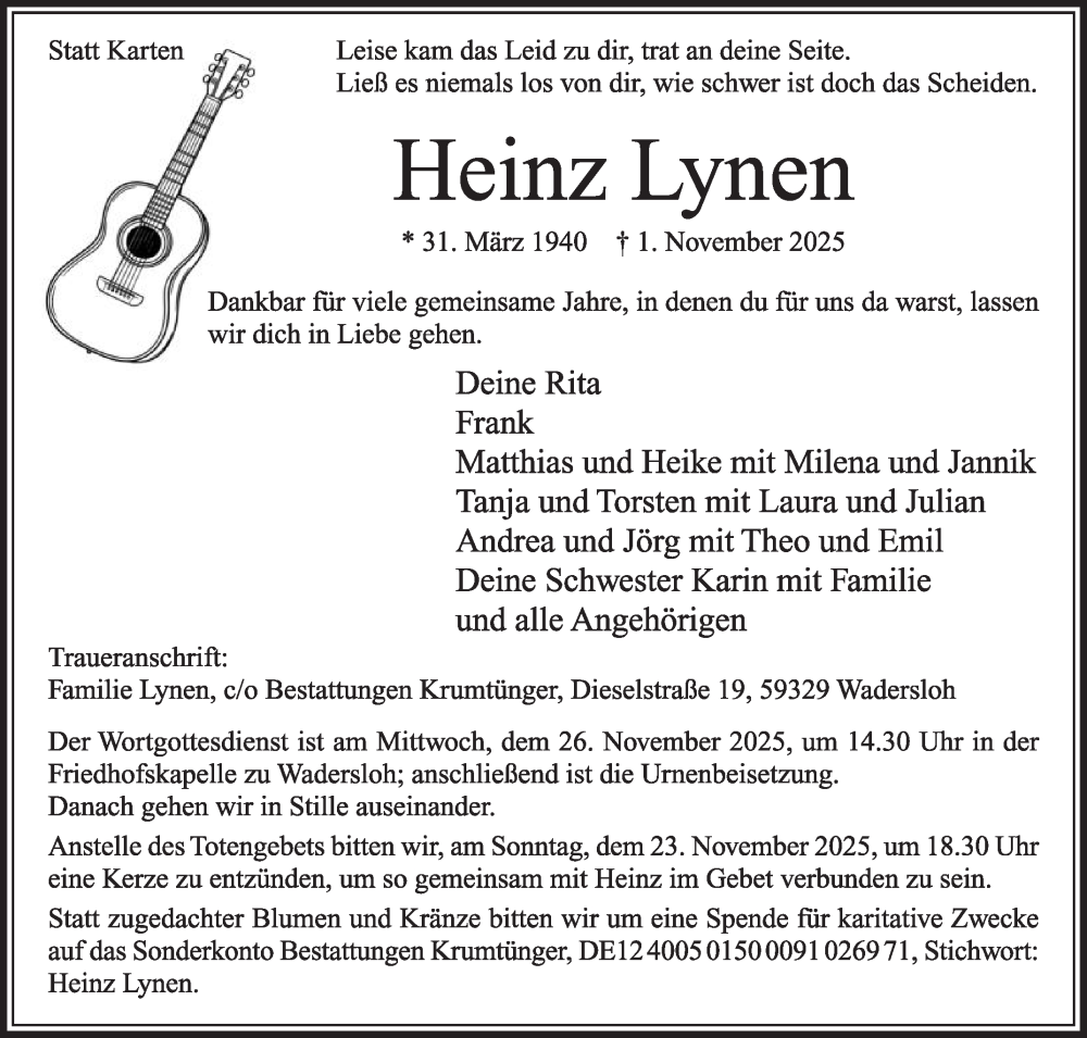  Traueranzeige für Heinz Lynen vom 08.11.2025 aus Die Glocke