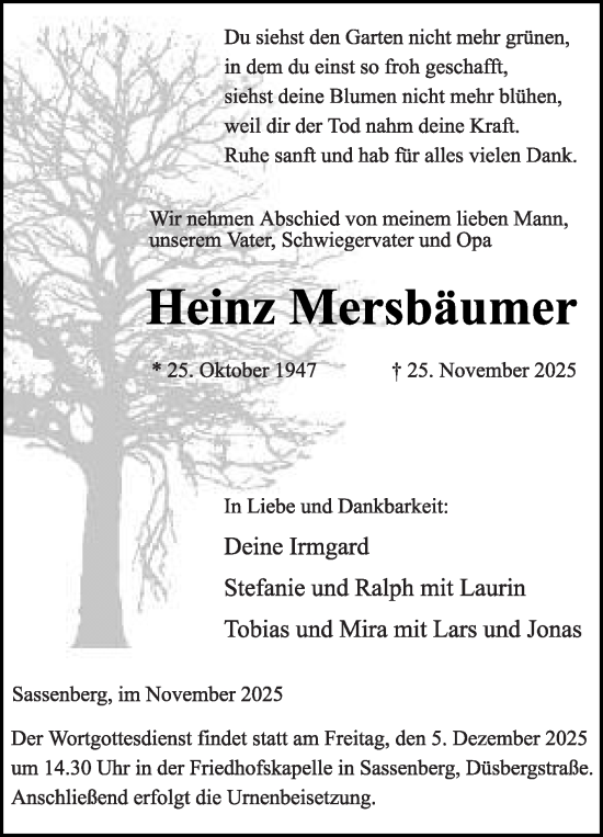 Traueranzeige von Heinz Mersbäumer von Die Glocke