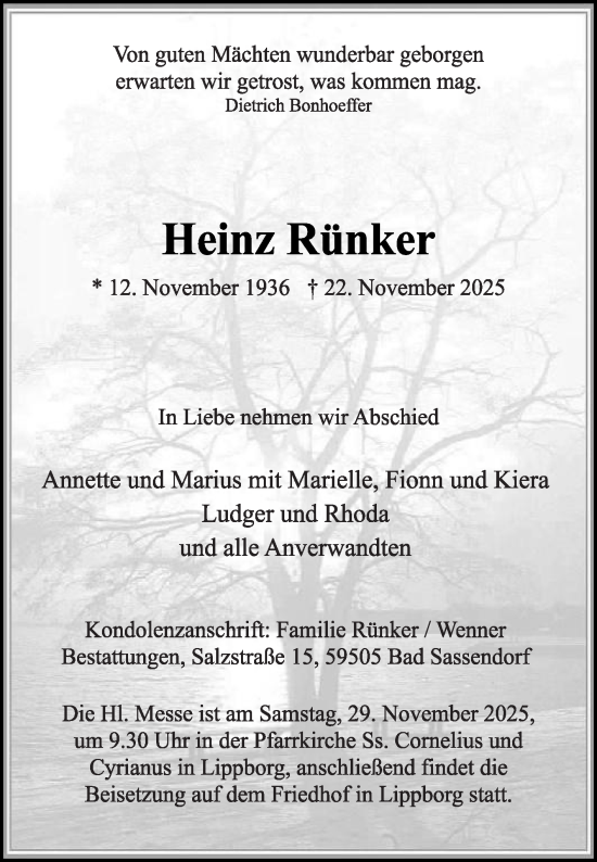 Traueranzeige von Heinz Rünker von Die Glocke