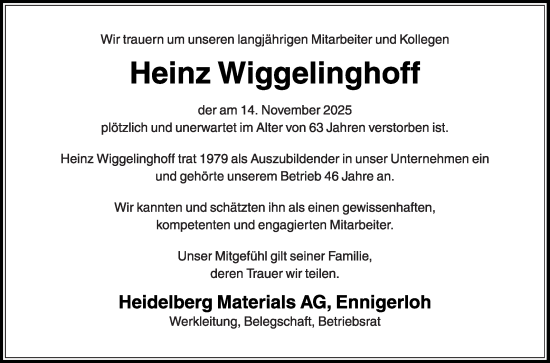 Traueranzeige von Heinz Wiggelinghoff von Die Glocke