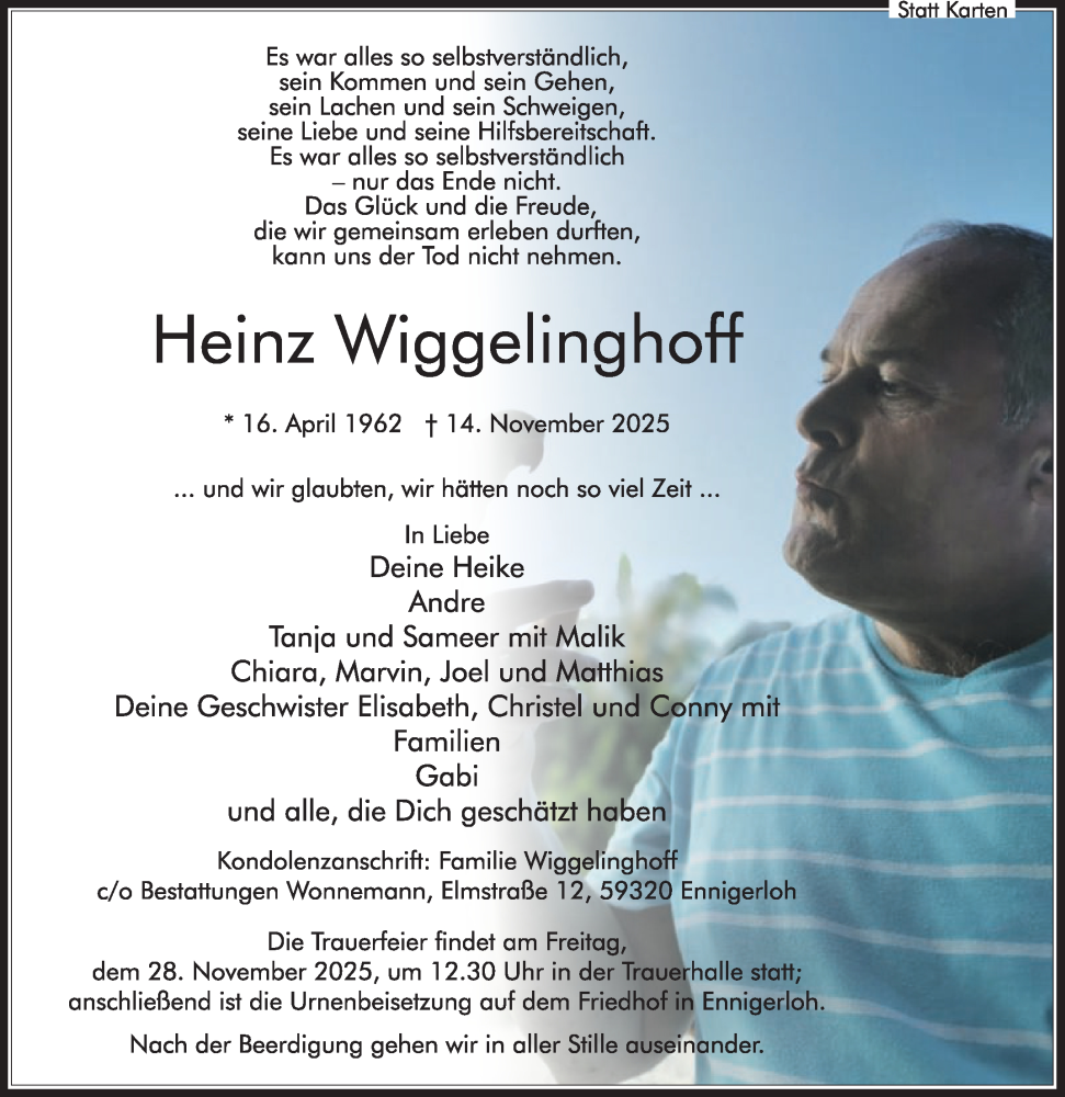  Traueranzeige für Heinz Wiggelinghoff vom 22.11.2025 aus Die Glocke