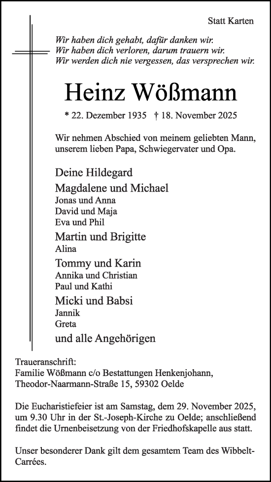 Traueranzeige von Heinz Wößmann von Die Glocke