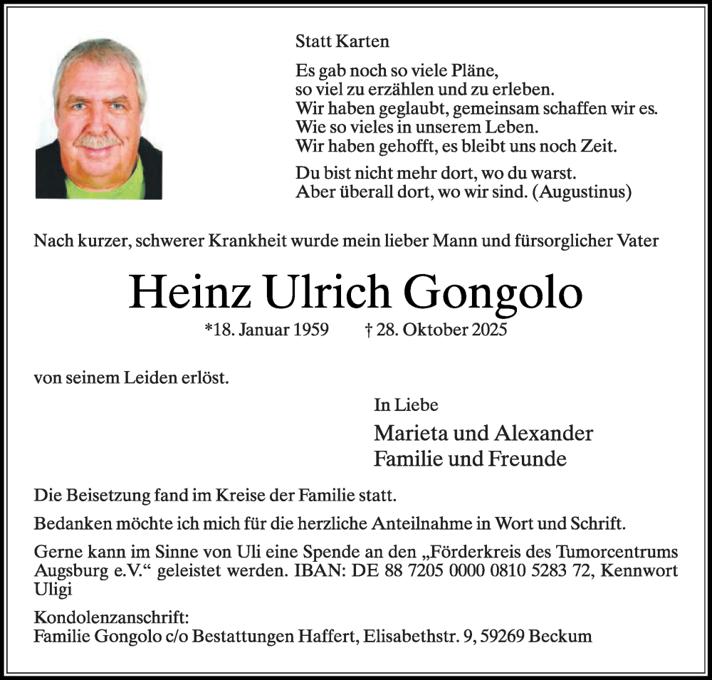  Traueranzeige für Heinz Ulrich Gongolo vom 15.11.2025 aus Die Glocke