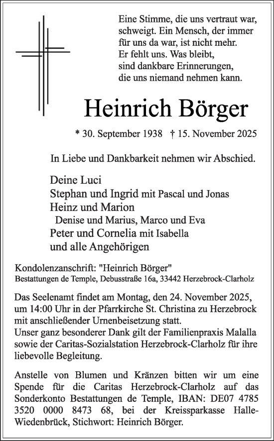 Traueranzeige von Heirich Börger von Die Glocke